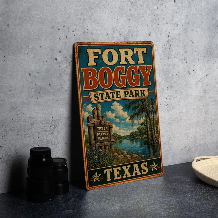 A vintage-style sign for Fort Boggy State Park in Texas, featuring a scenic illustration of the park's landscape.