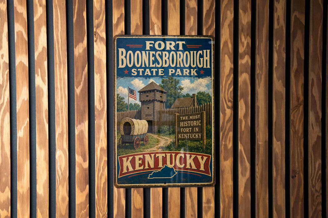 A vintage metal sign for Fort Booneborough State Park in Kentucky, featuring a wooden fort and a wagon, mounted on a wooden wall.