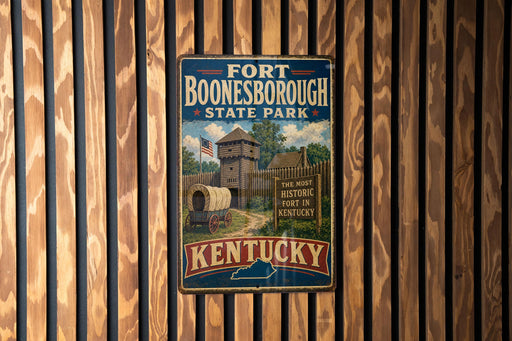 A vintage metal sign for Fort Booneborough State Park in Kentucky, featuring a wooden fort and a wagon, mounted on a wooden wall.