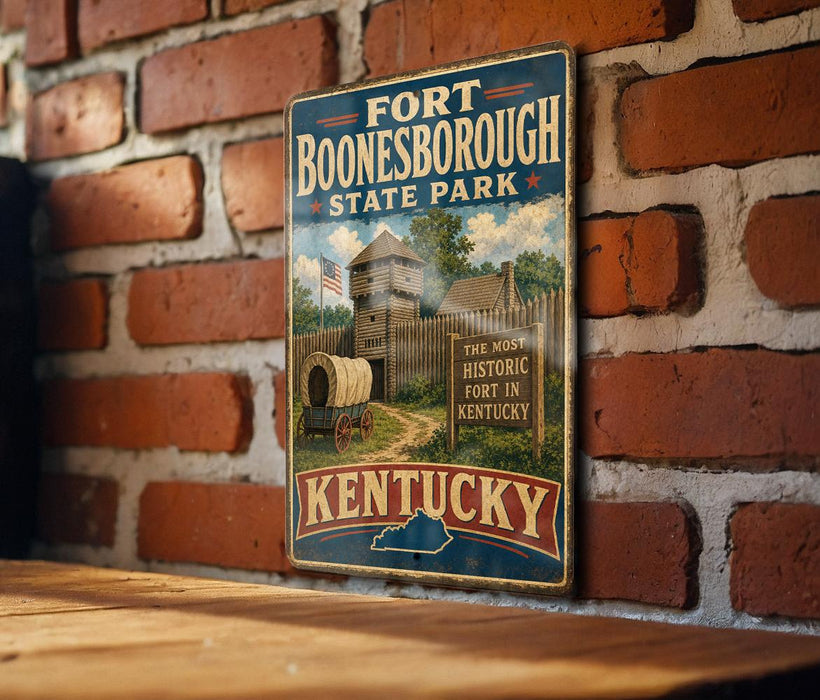 A vintage-style metal sign for Fort Boone, Kentucky State Park, featuring an illustration of a wooden fort and a wagon, mounted on a brick wall.