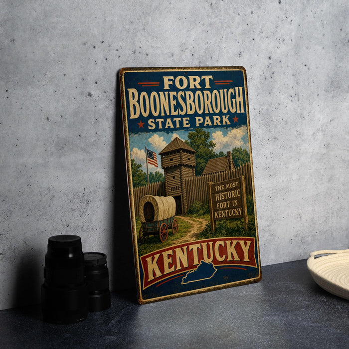 A vintage-style metal sign for Fort Booneborough State Park in Kentucky, featuring an illustration of a wooden fort and a wagon.