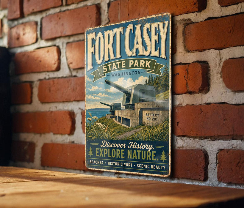 A vintage-style metal sign for Fort Casey State Park in Washington, featuring a scenic image of the park's historical fort and surrounding landscape.
