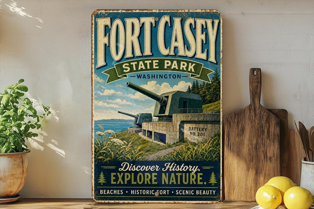 A vintage-style sign for Fort Casey State Park in Washington, featuring a scenic image of the park's cannons and surrounding landscape.