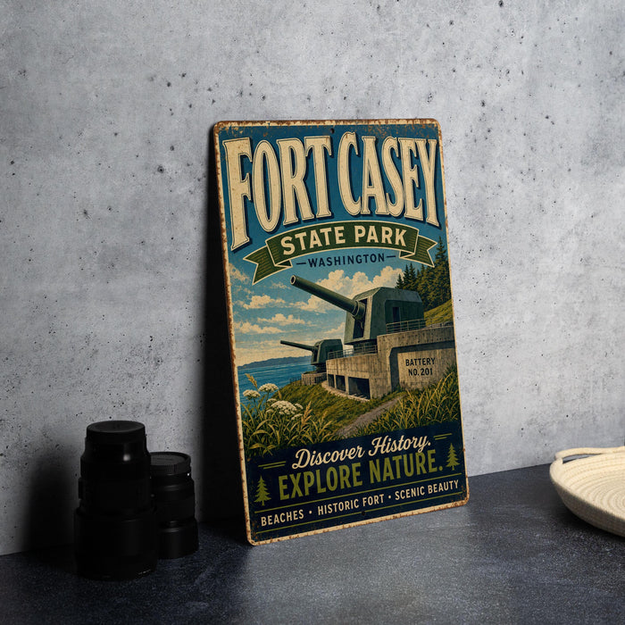 a vintage-style metal sign for Fort Casey State Park in Washington, with a scenic illustration of a fort and surrounding landscape.