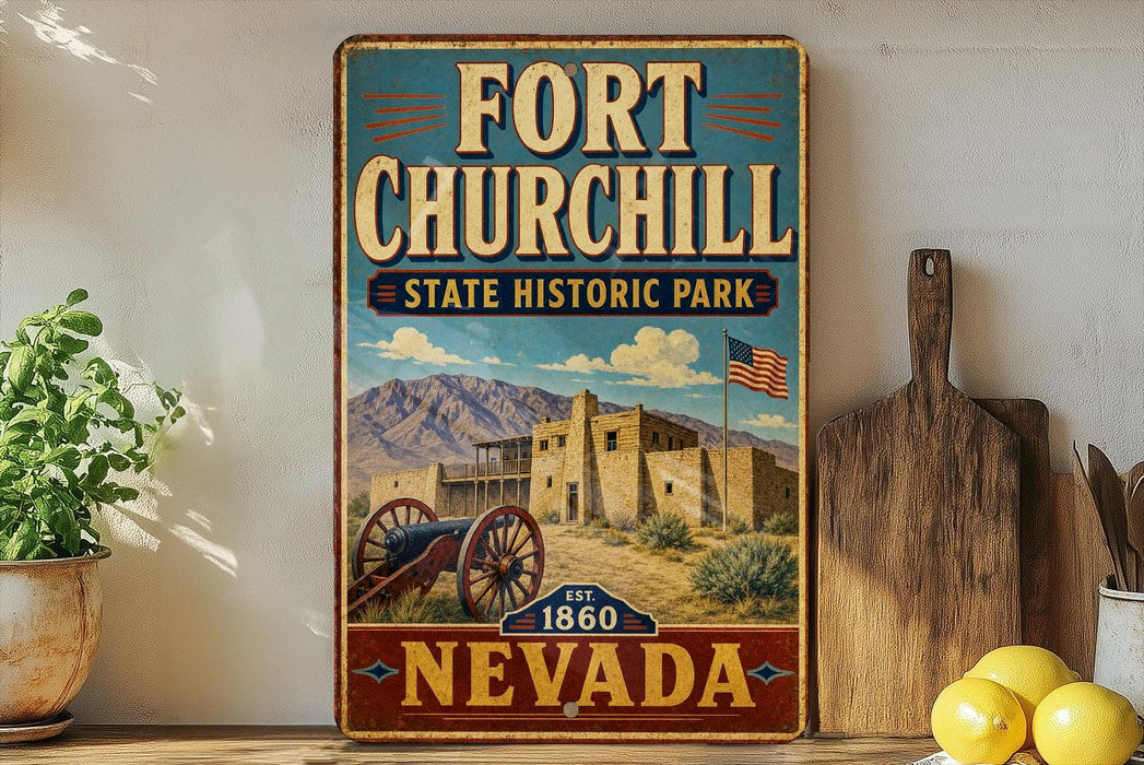 A vintage-style metal sign for Fort Churchill State Historic Park in Nevada, featuring a desert landscape with a castle and mountains in the background.