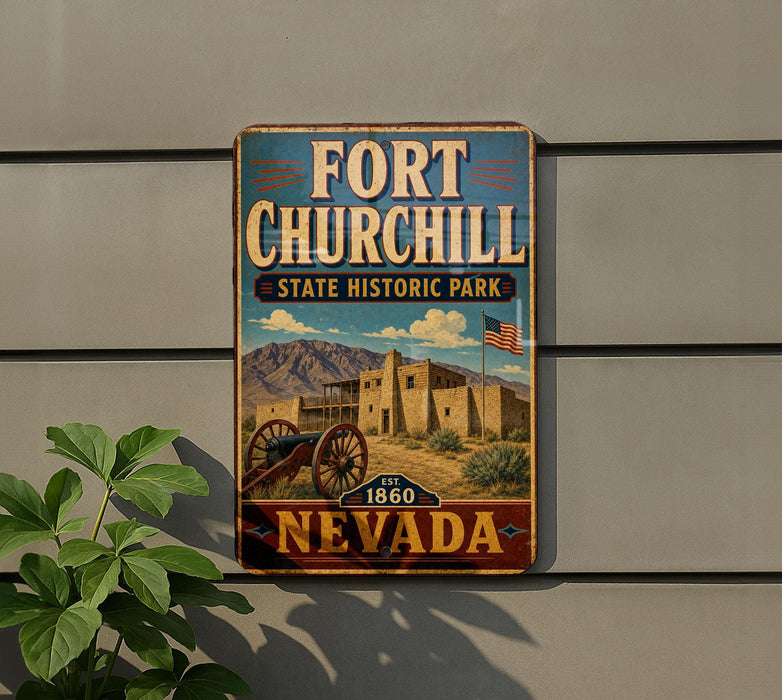 A vintage-style metal sign for Fort Churchill State Historic Park in Nevada, featuring an illustration of a historic building and a desert landscape.
