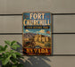 A vintage-style metal sign for Fort Churchill State Historic Park in Nevada, featuring an illustration of a historic building and a desert landscape.