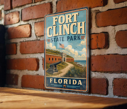 A vintage-style sign for Fort Clinch State Park in Florida, featuring an illustration of the fort and surrounding landscape.