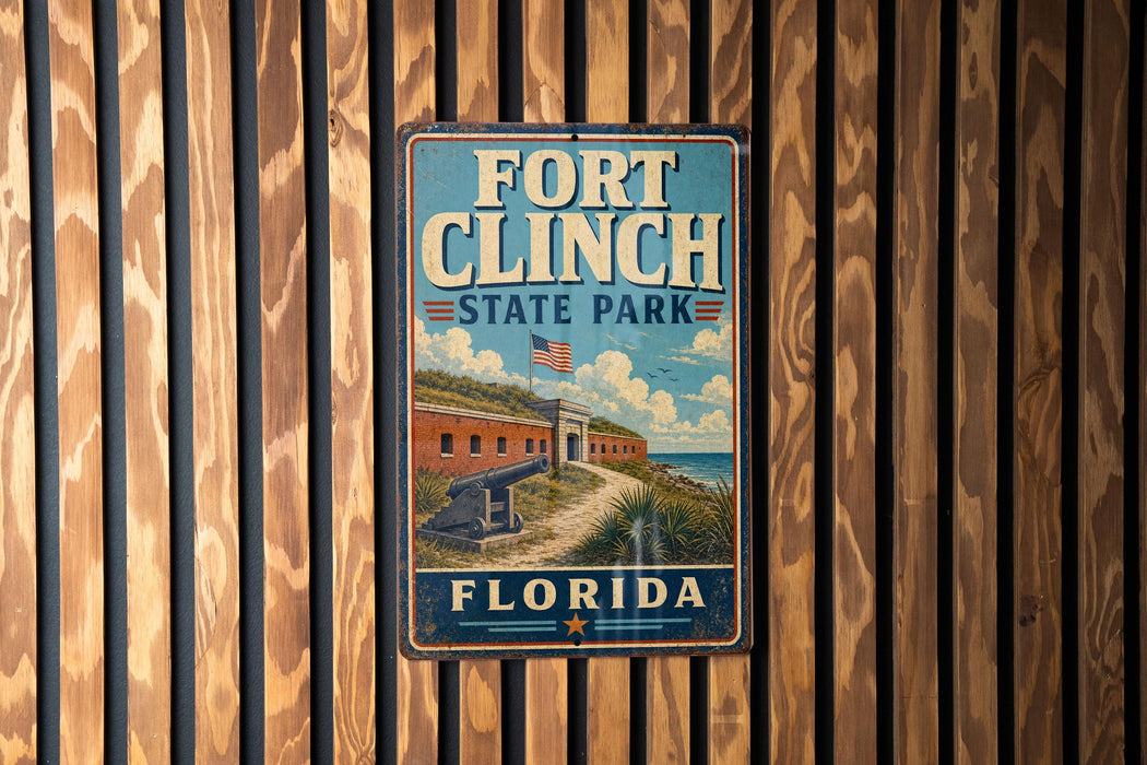 A vintage-style metal sign for Fort Clinch State Park in Florida, featuring an illustration of the fort and surrounding landscape.