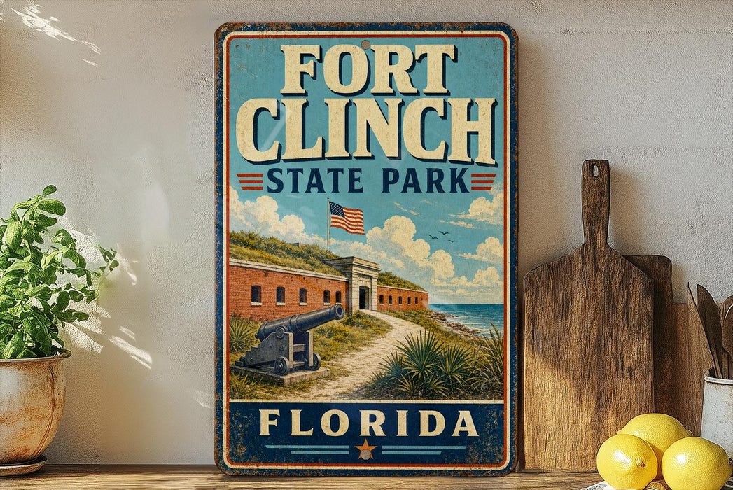 a vintage-style sign for Fort Clinch State Park in Florida, with a picture of the fort and surrounding landscape.