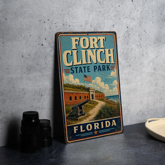 A vintage-style metal sign for Fort Clinch State Park in Florida, featuring an illustration of the fort and surrounding landscape.