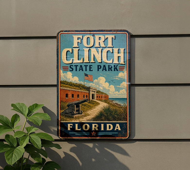 A vintage-style sign for Fort Clinch State Park in Florida, featuring an illustration of the fort and surrounding landscape.