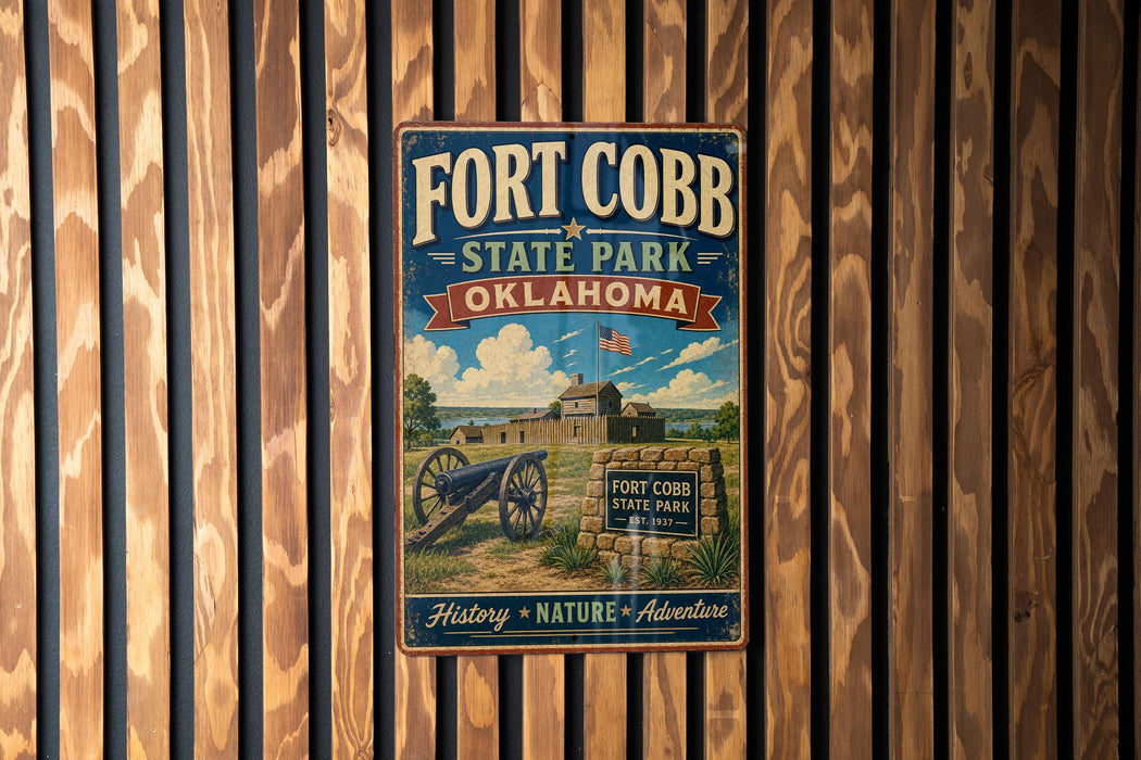 A vintage-style metal sign for Fort Cobb State Park in Oklahoma, featuring a cannon and a sign with the park's name and founding date.