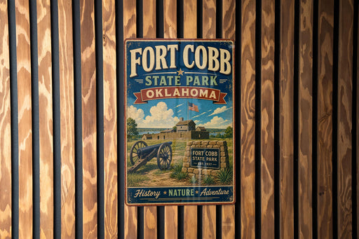 A vintage-style metal sign for Fort Cobb State Park in Oklahoma, featuring a cannon and a sign with the park's name and founding date.