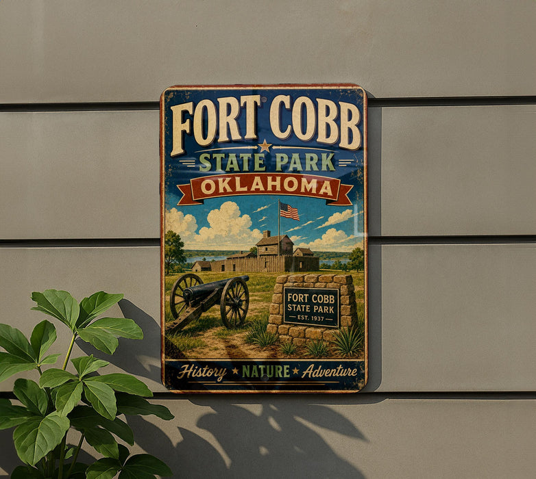 A vintage-style metal sign for Fort Cobb State Park in Oklahoma, featuring a cannon and a sign with the park's name and founding date.