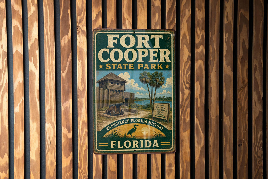 A vintage metal sign for Fort Cooper State Park in Florida, featuring a wooden structure and palm trees, mounted on a wooden wall.