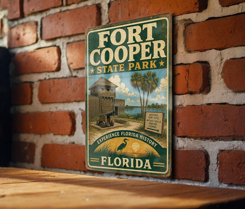 A vintage-style metal sign for Fort Cooper State Park in Florida, featuring a palm tree and a wooden fort, is displayed on a brick wall.