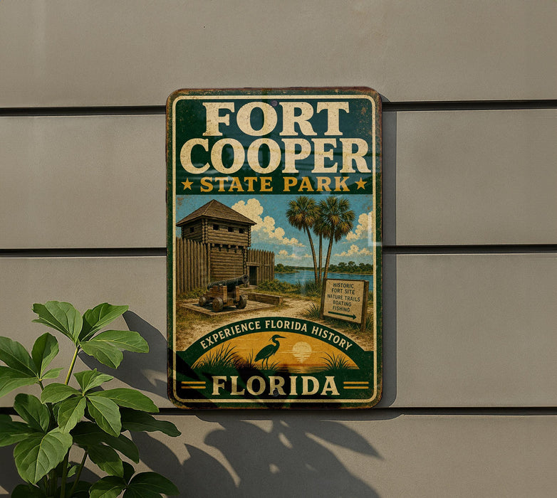 A vintage-style sign for Fort Cooper State Park, featuring a wooden building and palm trees, is displayed on a wall next to a plant.