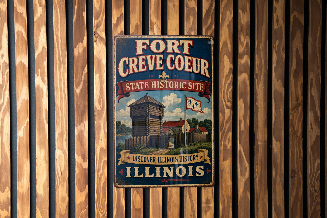 A vintage-style metal sign for the Fort Creve Coeur State Historic Site in Illinois, featuring an illustration of a historic building and a banner that reads "Discovery Illinois History Illinois".