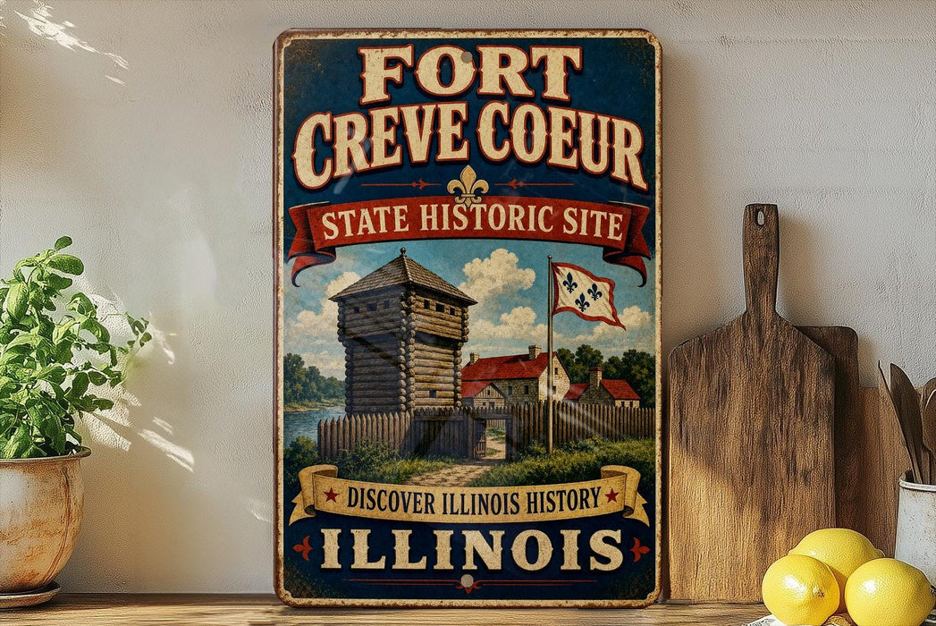 a vintage-style sign for the Fort Creve Coeur State Historic Site in Illinois, with a wooden sign and a wooden cutting board in the foreground.