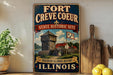 a vintage-style sign for the Fort Creve Coeur State Historic Site in Illinois, with a wooden sign and a wooden cutting board in the foreground.