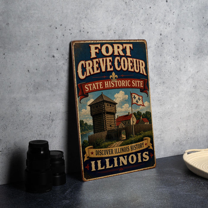A vintage-style metal sign for the Fort Creve Coeur State Historic Site in Illinois, featuring an illustration of a historic building and a flag.