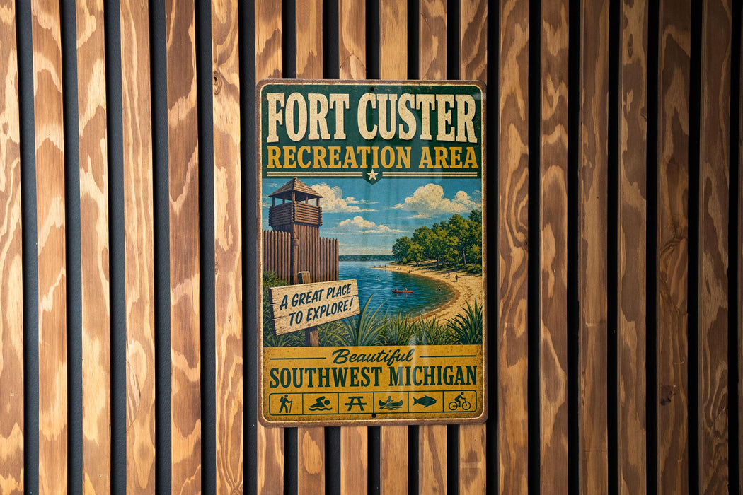 A vintage-style metal sign for the Fort Custer Recreation Area in South West Michigan, featuring a beach scene and a lighthouse.