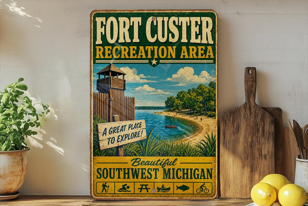 A vintage-style sign for the Fort Custer Recreation Area in Southwest Michigan, featuring a beach scene with a lighthouse and a wooden guardhouse.