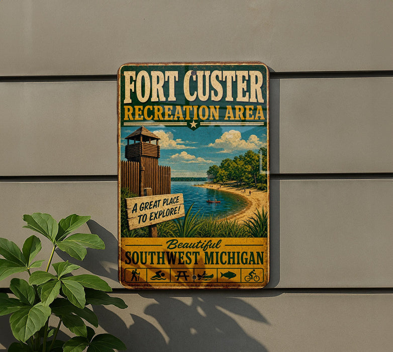 A vintage-style metal sign for Fort Custer Recreation Area, featuring a beach scene and a lighthouse, is mounted on a gray wall.