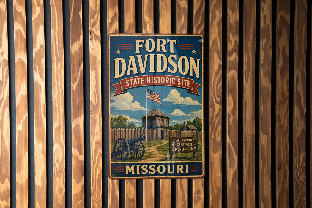 A vintage-style metal sign for the Fort Davidson State Historic Site in Missouri, featuring an illustration of a fort and a cannon.