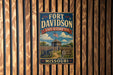A vintage-style metal sign for the Fort Davidson State Historic Site in Missouri, featuring an illustration of a fort and a cannon.