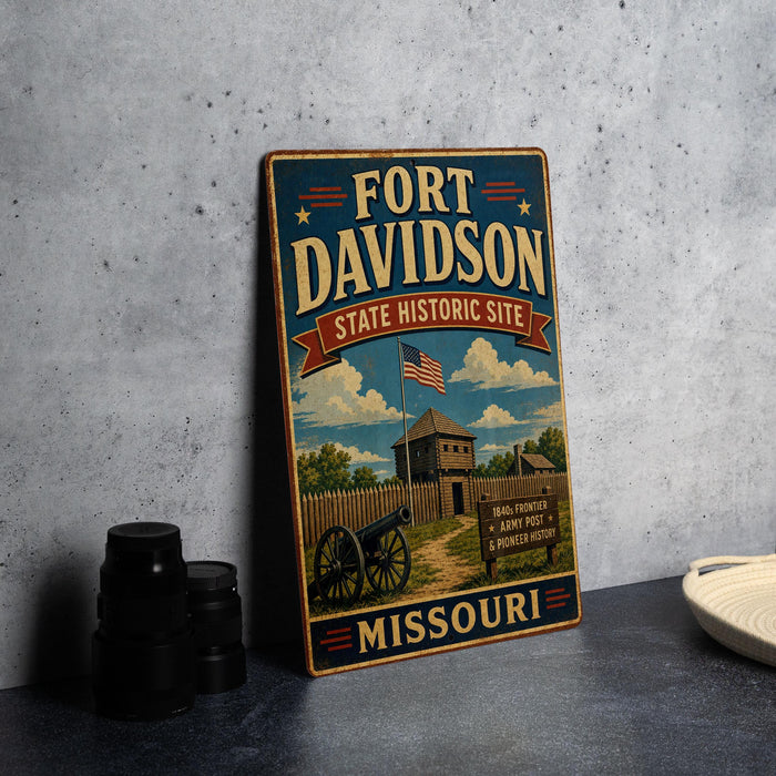 A vintage-style metal sign for the Fort Davidson State Historic Site in Missouri, featuring an illustration of a cannon and a wooden fence, with a blue sky and clouds in the background.