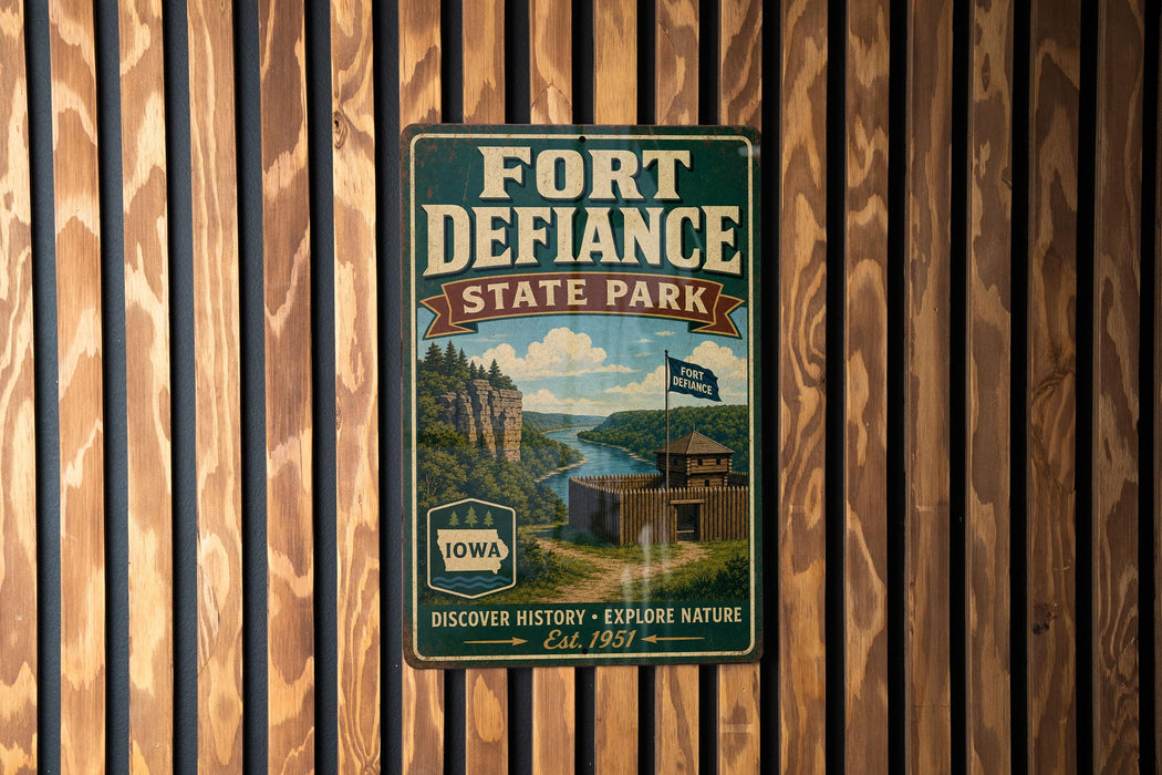 A vintage-style metal sign for Fort Defiance State Park, featuring a scenic image of the park and its surroundings.