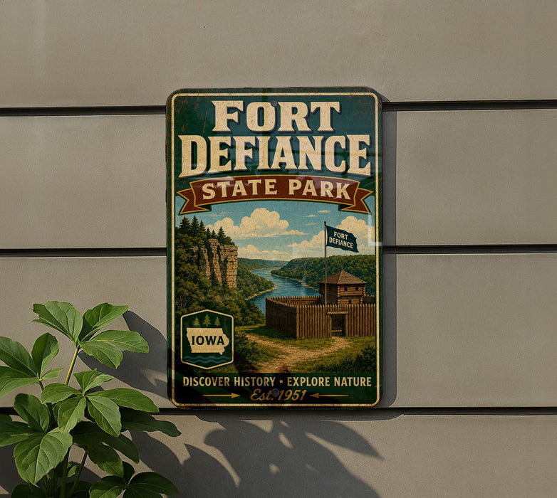 A vintage-style sign for Fort Defiance State Park, featuring a scenic image of the park and a wooden fort, mounted on a wall.
