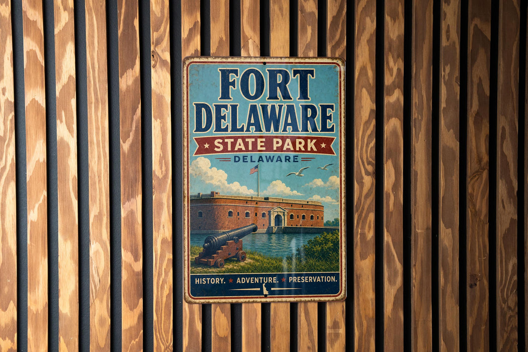 A vintage metal sign for Fort Delaware State Park in Delaware, featuring an illustration of the fort and surrounding landscape.