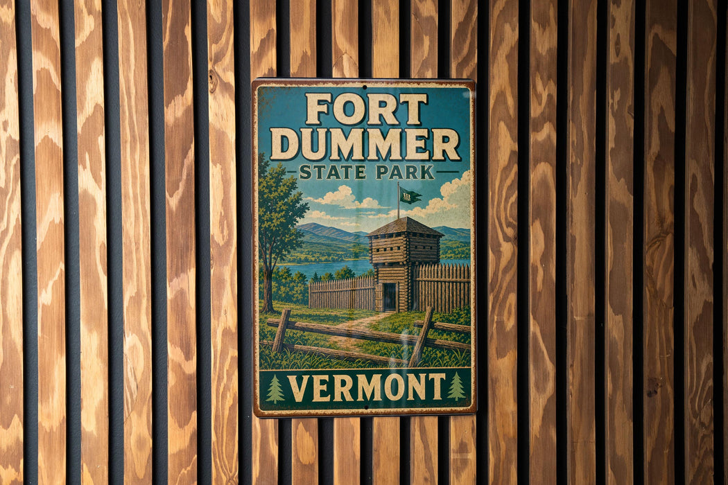 A vintage-style metal sign for Fort Ducker State Park in Vermont, featuring a scenic illustration of a fort and surrounding landscape.