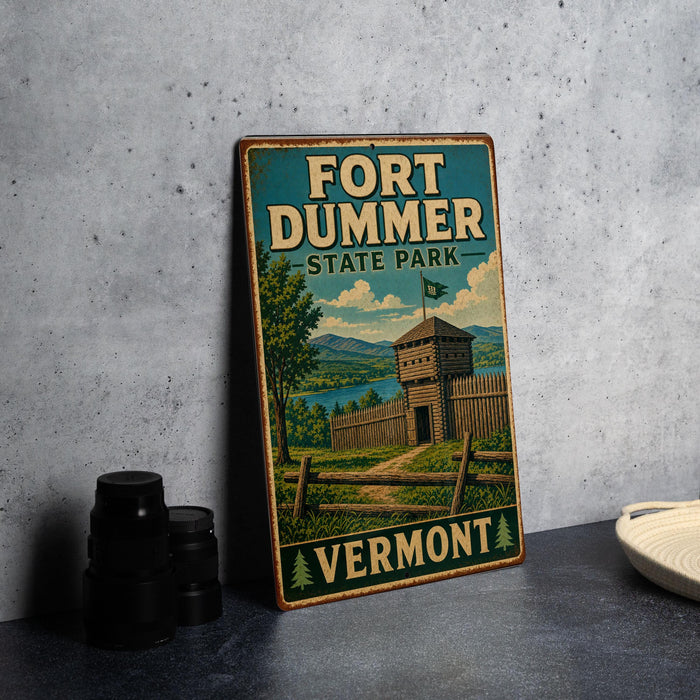 A vintage-style metal sign for Fort Ducker State Park in Vermont, featuring an illustration of a fort and surrounding landscape.