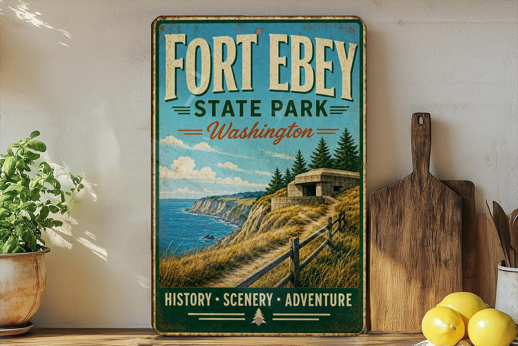 A vintage-style sign for Fort Ebey State Park in Washington, featuring a scenic coastal landscape with a lighthouse and a wooden fence.
