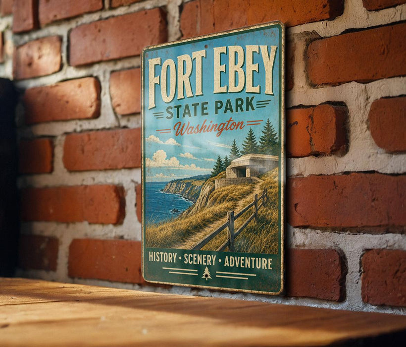 A vintage-style metal sign for Fort Ebey State Park in Washington, featuring a scenic landscape with a path leading to a building and a body of water.