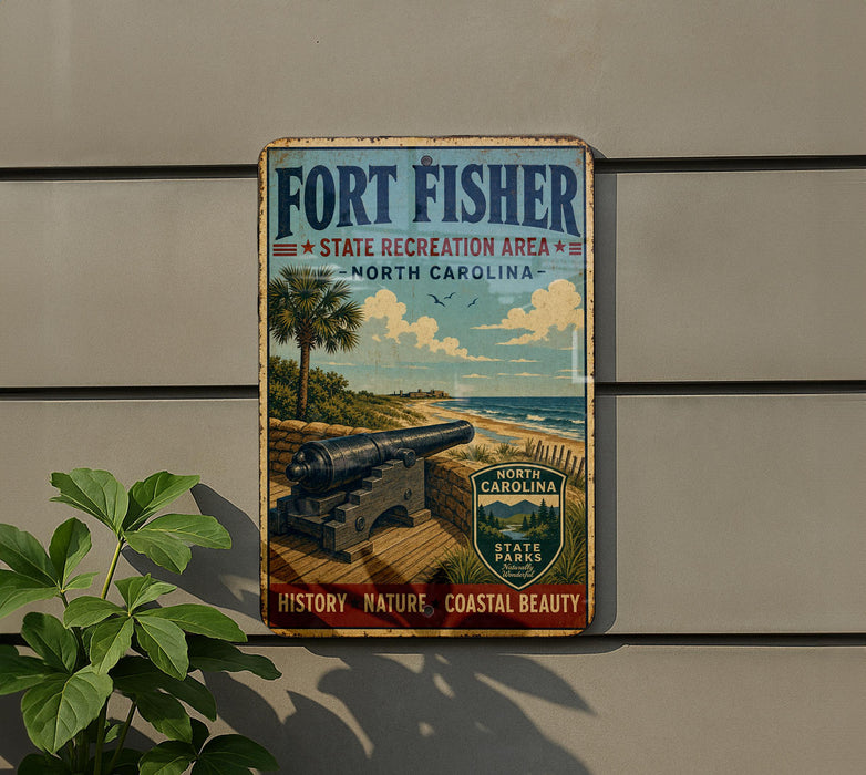 A vintage-style metal sign for Fort Fisher State Recreation Area in North Carolina, featuring a cannon and a beach scene.