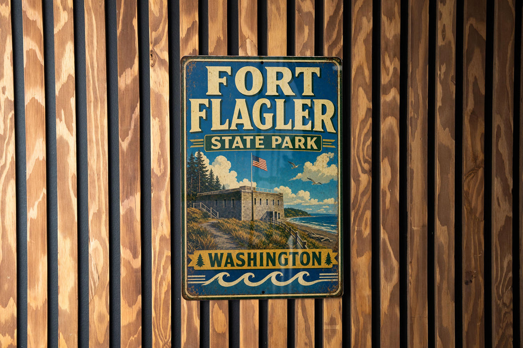 A vintage metal sign for Fort Flagler State Park in Washington, featuring an illustration of the park's landscape and buildings.