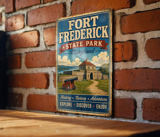 A vintage-style metal sign for Fort Frederick State Park in Maryland, featuring an illustration of a castle and a cannon, mounted on a brick wall.