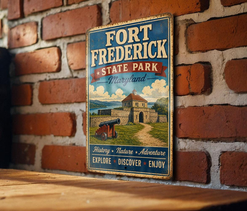 A vintage-style metal sign for Fort Frederick State Park in Maryland, featuring an illustration of a castle and a cannon, mounted on a brick wall.