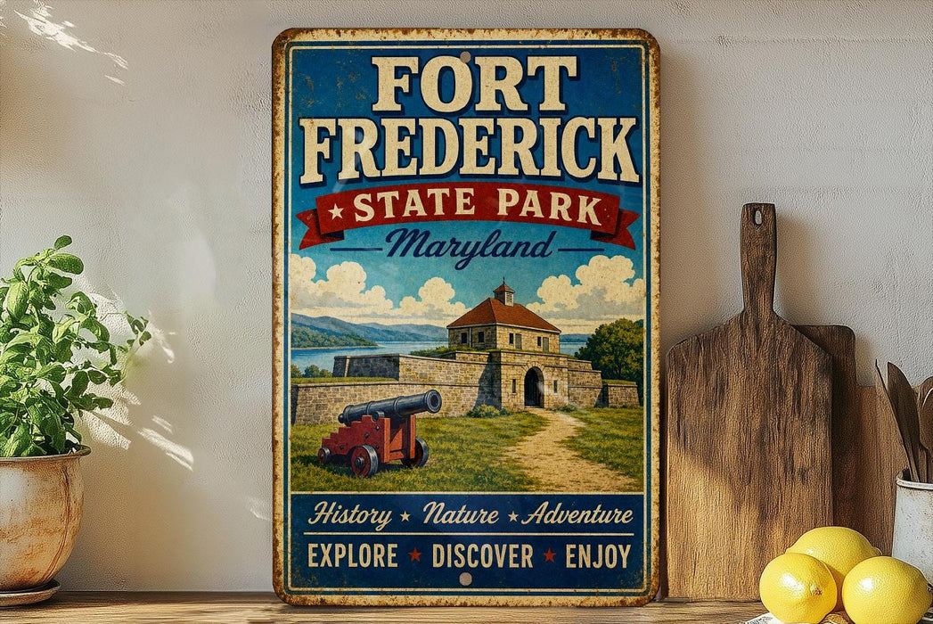 A vintage-style metal sign for Fort Frederick State Park in Maryland, featuring a castle, cannon, and a scenic landscape.