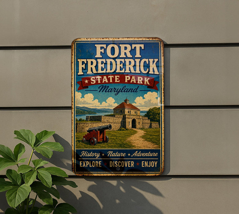 A vintage metal sign for Fort Frederick State Park in Maryland, featuring a cannon and a scenic landscape.
