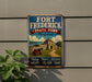 A vintage metal sign for Fort Frederick State Park in Maryland, featuring a cannon and a scenic landscape.