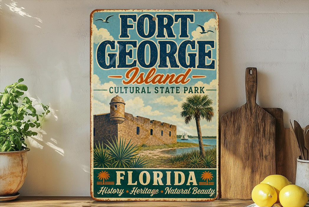 A vintage-style sign for Fort George Island, Florida, featuring a castle, palm trees, and a body of water.