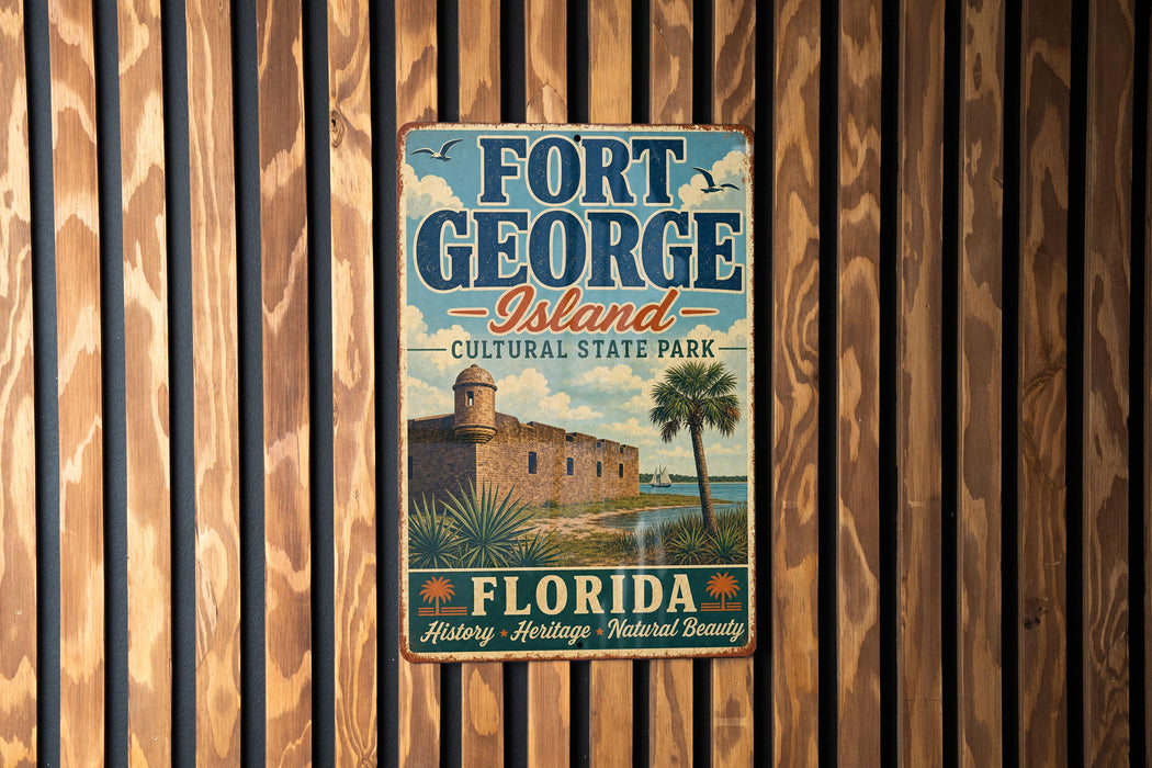 A vintage-style metal sign for Fort George Island, Florida, featuring a castle and palm trees, mounted on a wooden wall.