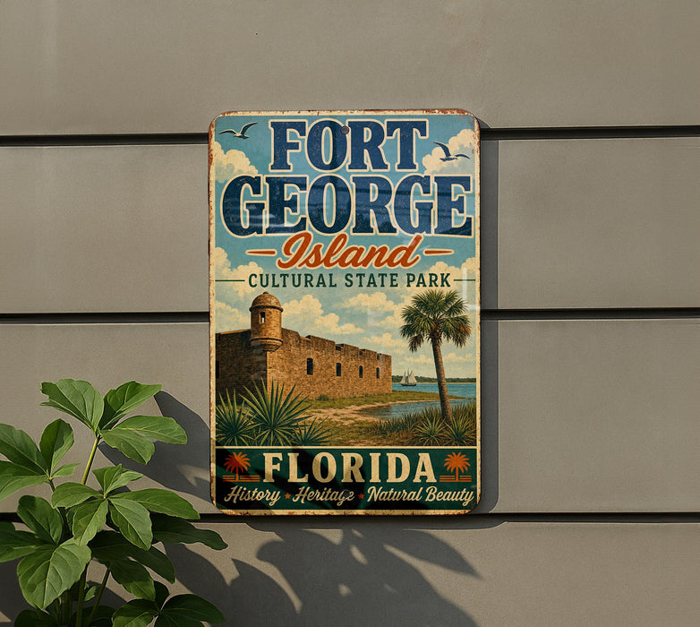 A vintage-style sign for Fort George Island, Florida, featuring a castle, palm trees, and a beach scene.