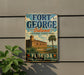 A vintage-style sign for Fort George Island, Florida, featuring a castle, palm trees, and a beach scene.